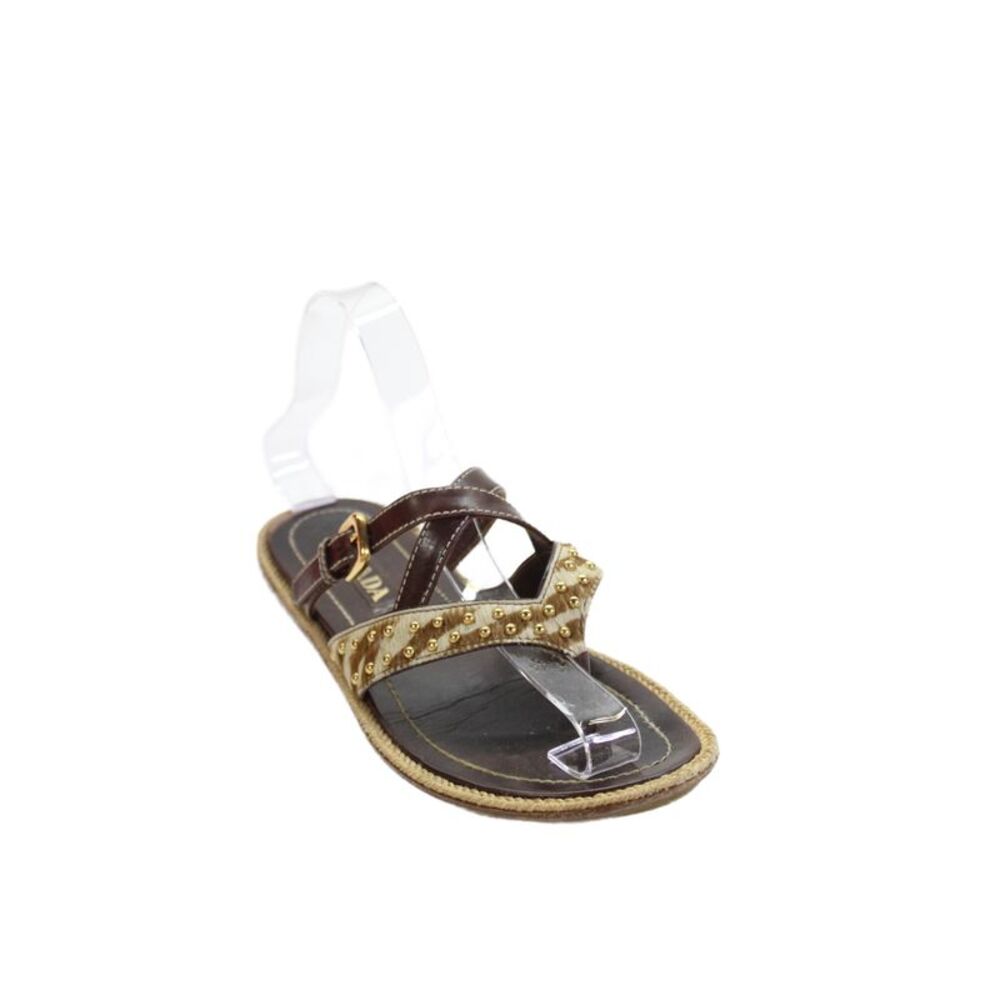 Prada Womens Printed Pony Hair Stud Leather Trim Thong Sandals Shoes Brown Sz 7